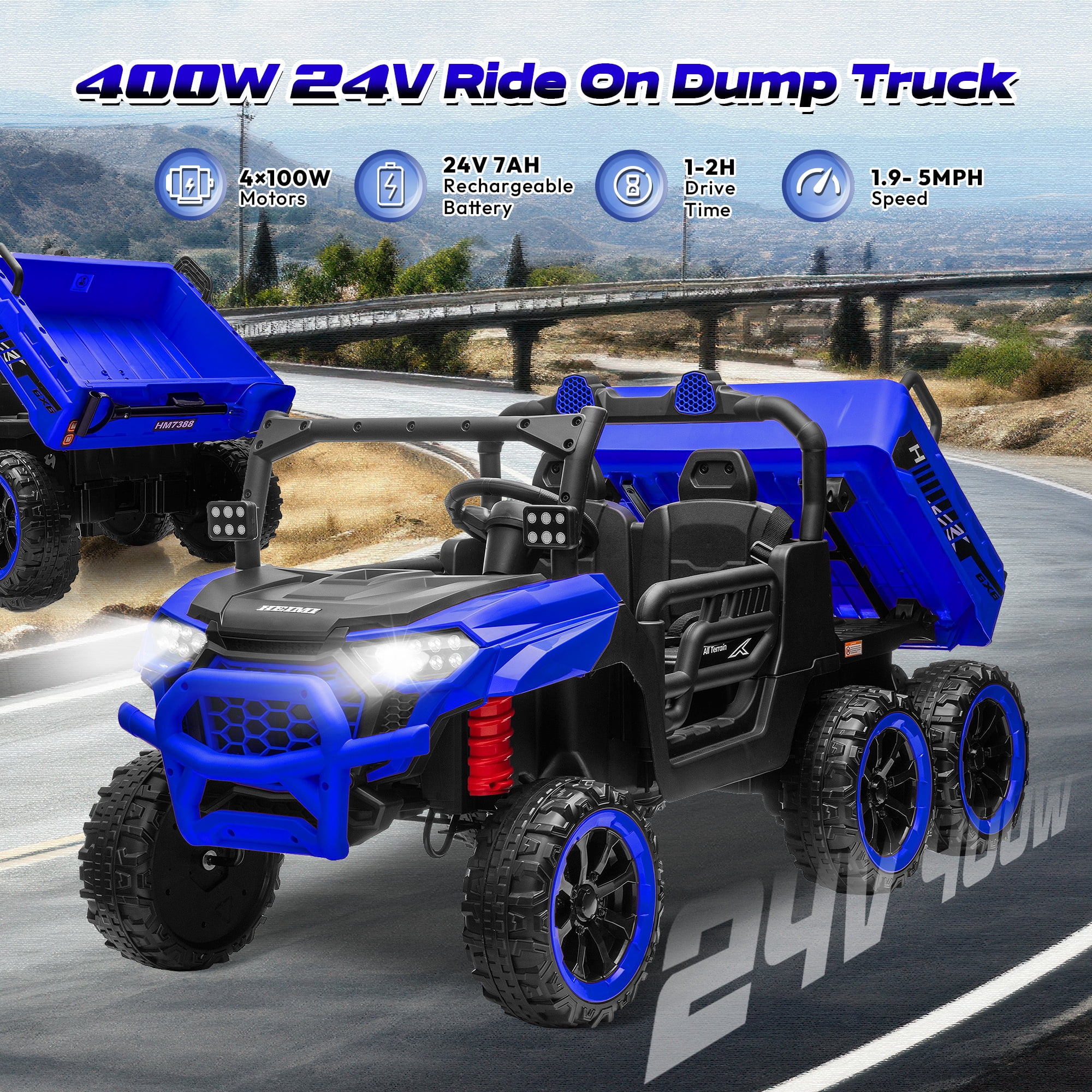 Letsgokid 24V 2-Seater Ride On Dump Truck with Remote Control, 4WD 6-Wheel Electric Car for Big Kids with Electric Dump Bed, 20in Seat, 400W Powerful Motor, LED Lights, Music, Ages 3+