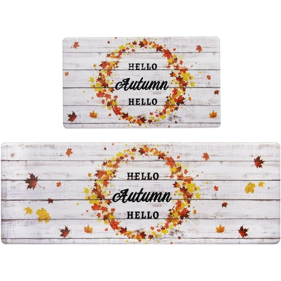 Fall Kitchen Mats for Floor, Fall Decor Set of 2 Anti Fatigue Autumn Pumpkin Kitchen Mats, Kitchen Rugs for Autumn, Thanksgiving, 17x30 and 17x47 Inch