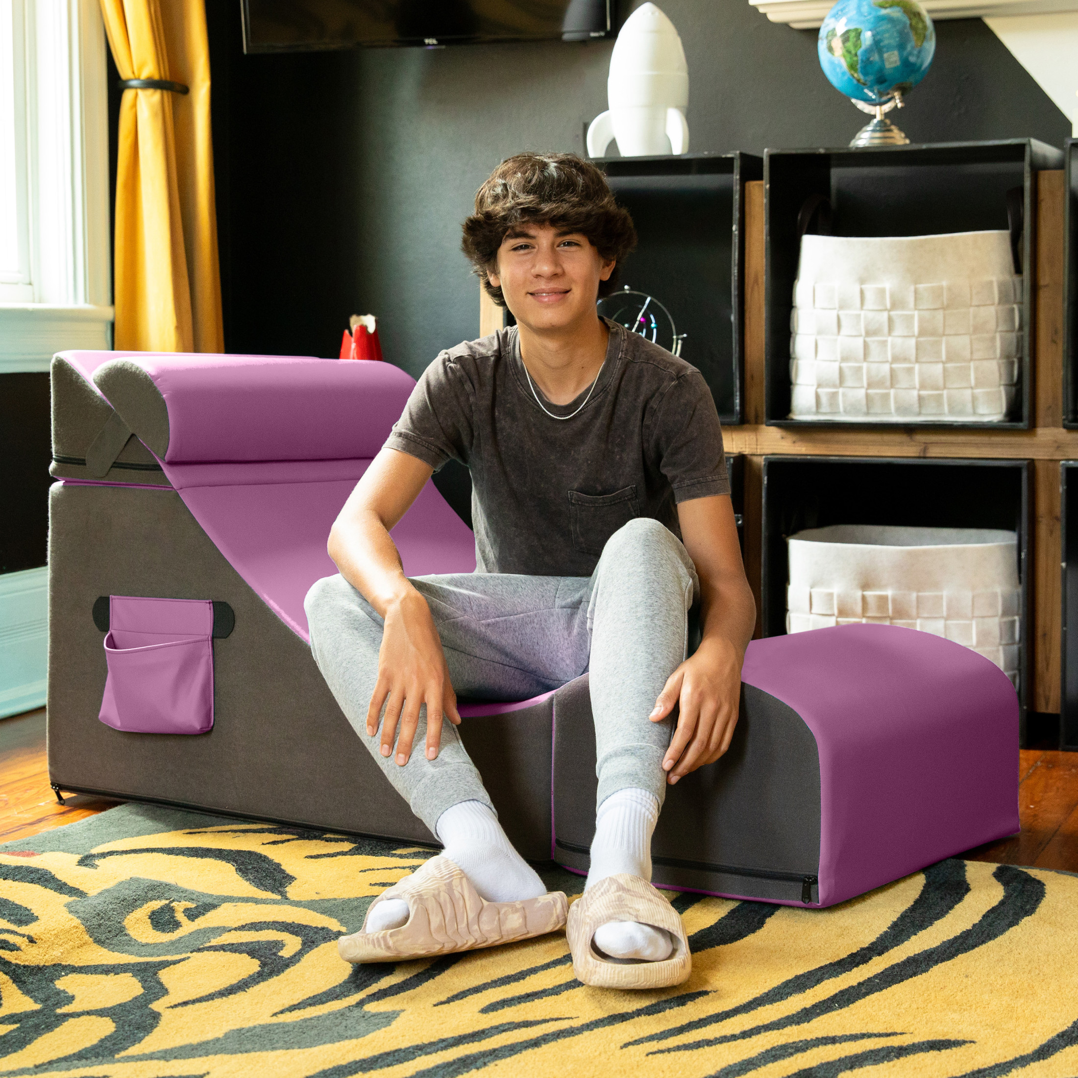 Jaxx Flexx V-Tex Convertible 3 in 1 Gamer Chair, Table, & Ottoman w/ Adjustable Headrest & Pocket - Vinyl Plum