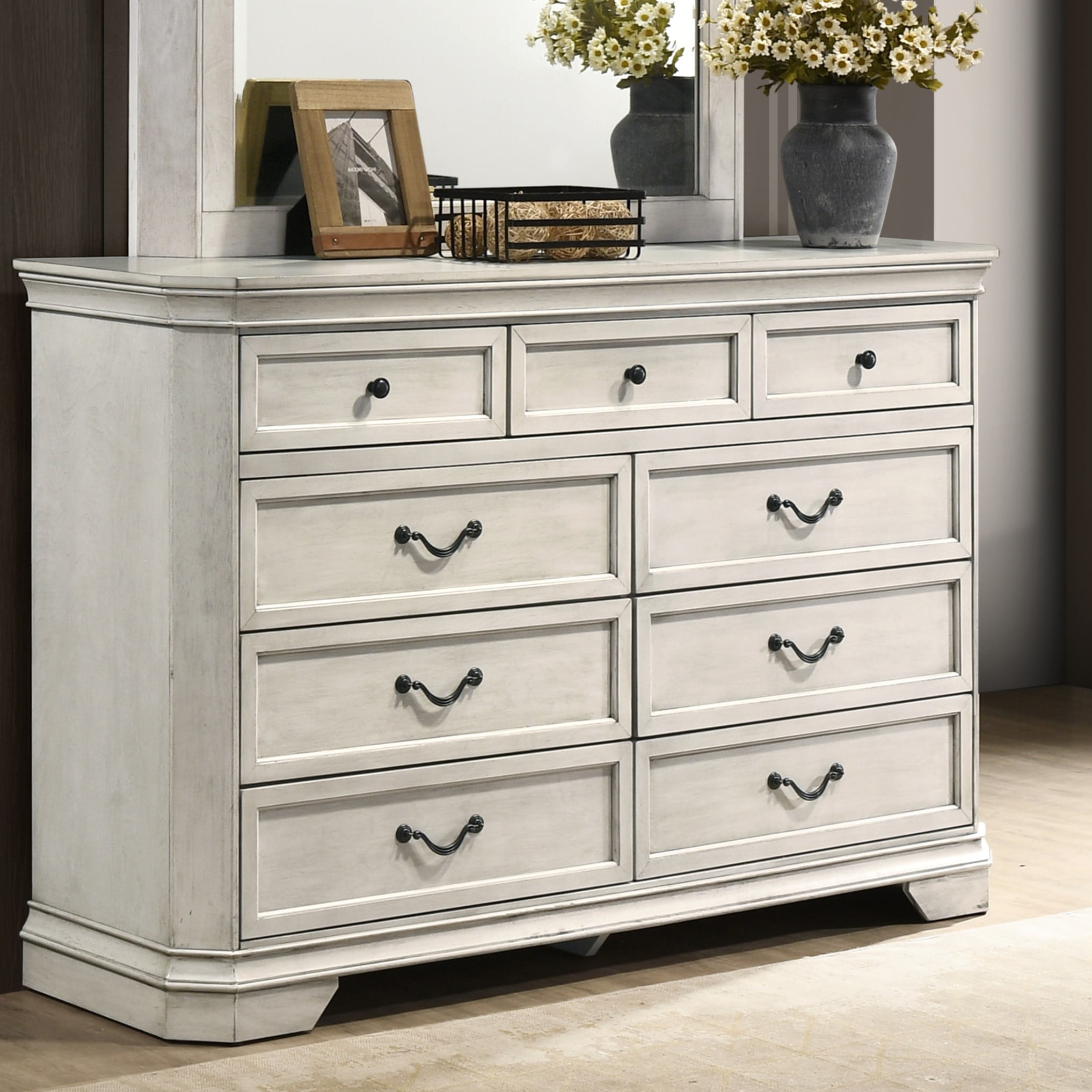 Roundhill Furniture Maderne Wood 7-Drawer Dresser, Antique White Finish