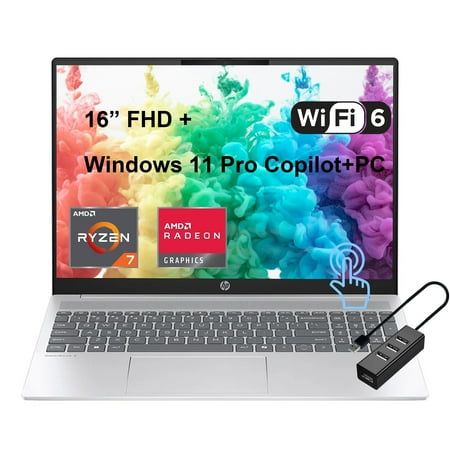 HP OmniBook 16 Premium Copilot AI Business Laptop, 16" FHD+ Touchscreen, AMD Ryzen AI 7 350, 16GB LPDDR5X RAM, 1TB SSD, Wi-Fi 6, Backlit, Win 11 Pro, Bundle with USB Hub