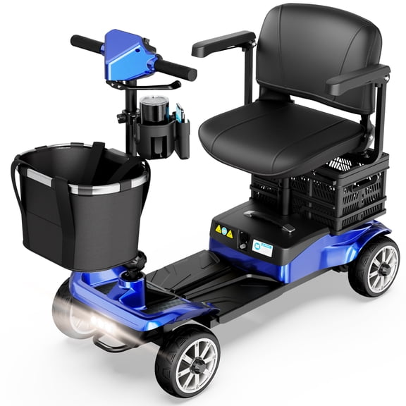 REARFIT Foldable 4 Wheels Mobility Scooter for Seniors, Electric Wheelchair with Detachable Battery, Dual Baskets, Cup & Phone Holder, 330lbs, Blue