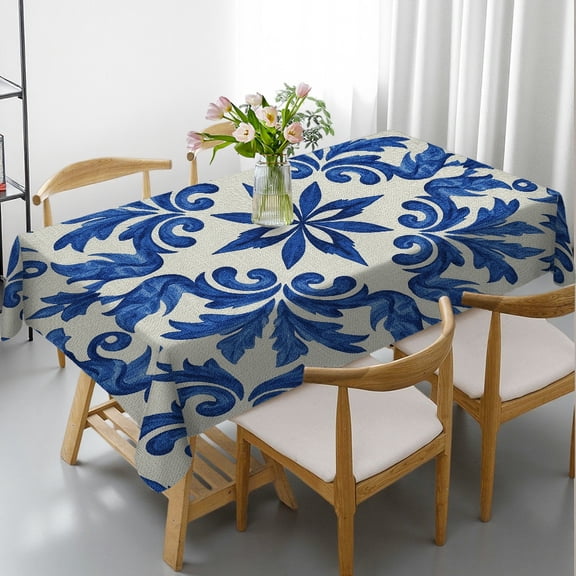 Abstract Navy Blue Ethnic Boho Rectangular Tablecloth, Polyester Tablecloths - Festive Table Setting Tablecloths rectangle , Cafe, dinner, picnic