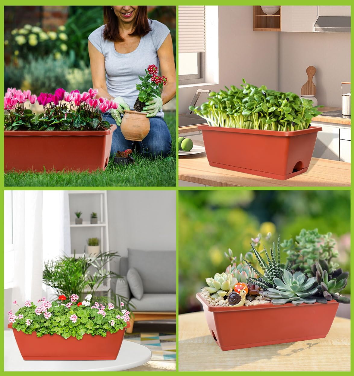 7-Pack Plastic Window Box Planters 17 Inch Rectangular Flower Pots with Saucers for Indoor Outdoor Garden Patio Home Decor