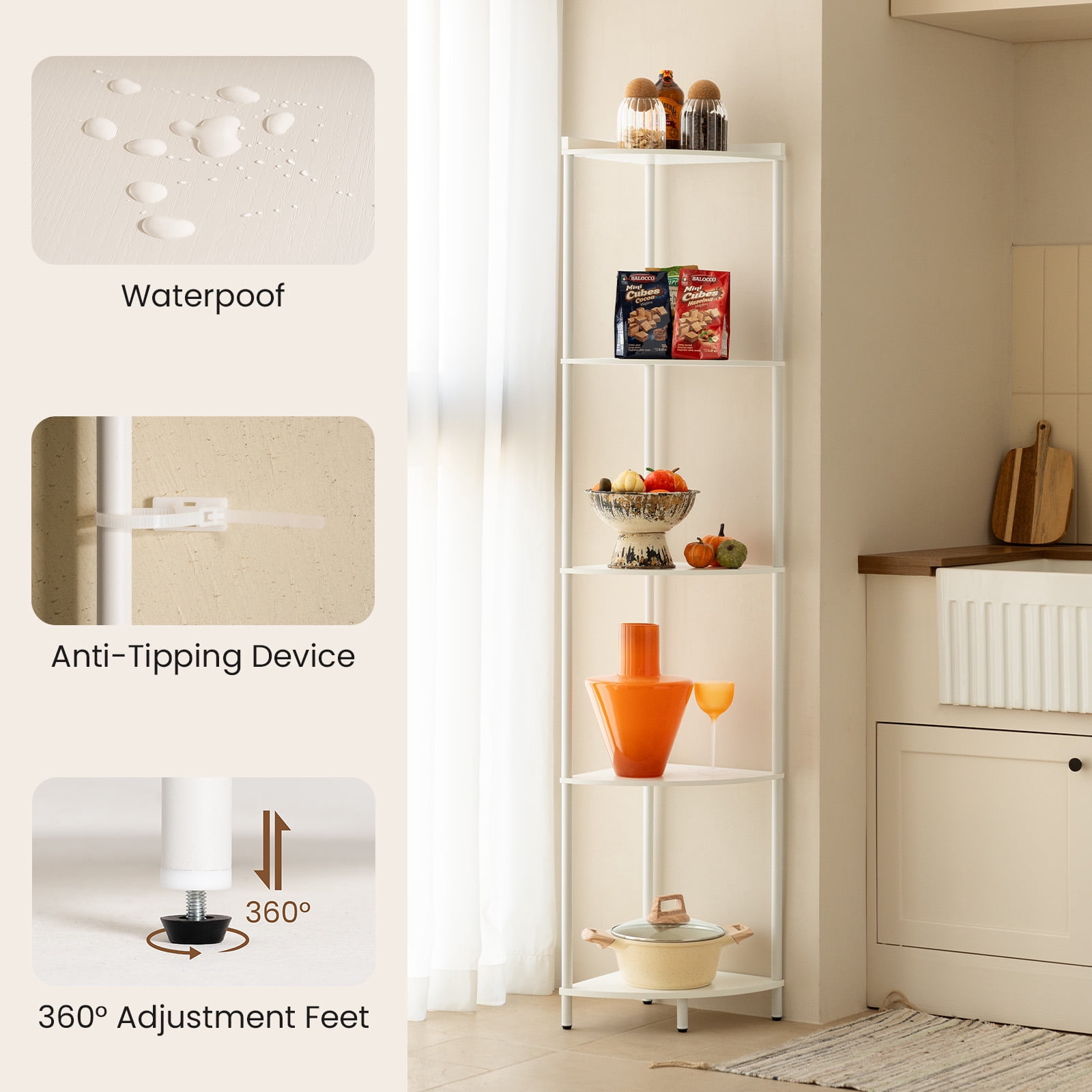 Corner Shelf Stand, 5-Tier Corner Shelves, 65" Wall Corner Bookshelf, Display Shelf Tall Shelf Plant Stand for Bedroom, Bathroom, Living Room, White
