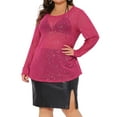 thumbnail image 4 of Agnes Orinda Plus Size Sheer Mesh Tops See Through Long Sleeve Crew Neck Tops Tee Blouse Clubwear 3X Hot Pink, 4 of 6