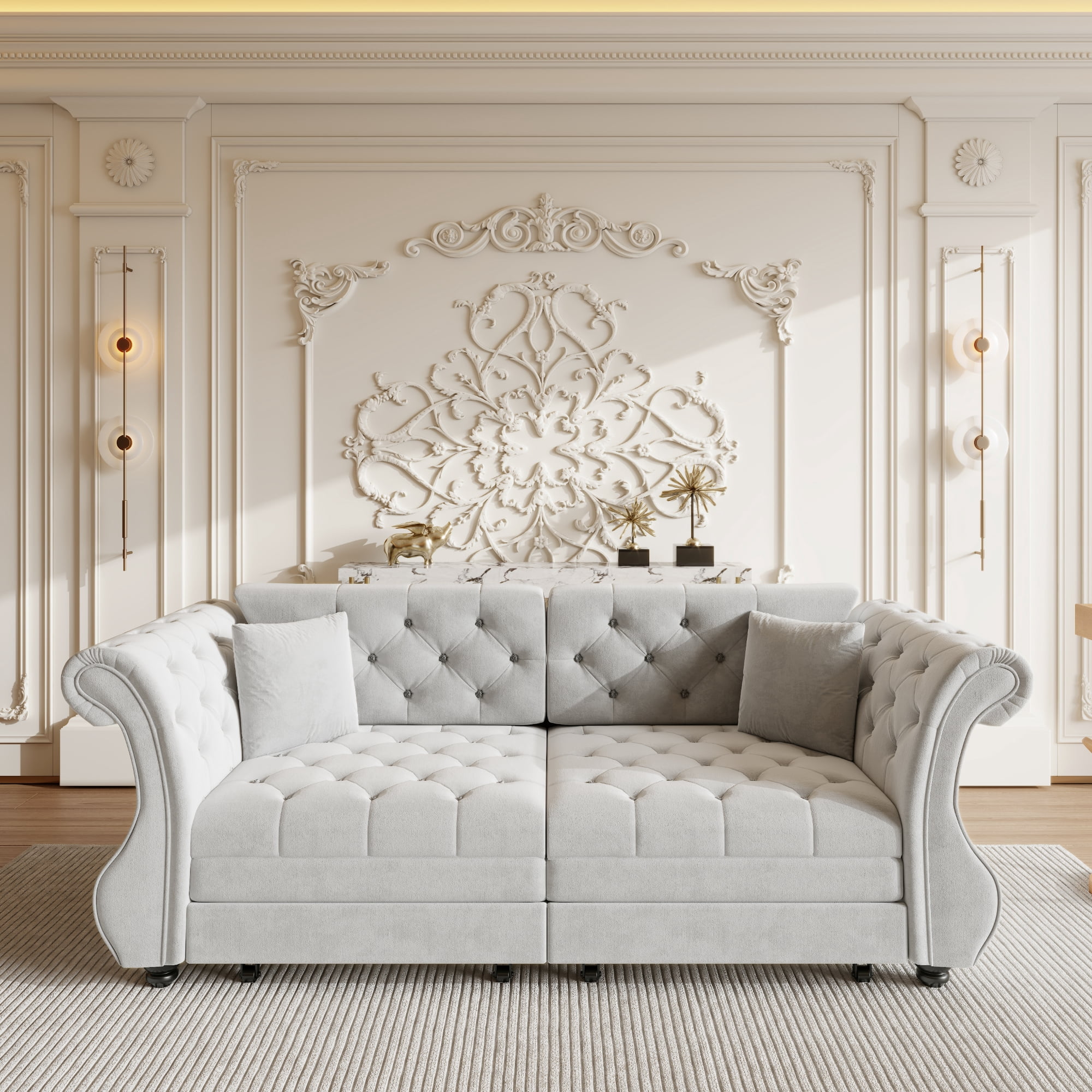Chesterfield Pull Out Convertible Sofa Bed, Classic Flower Tufted Velvet Loveseat Sleeper Couch With Roll Arms and Pillows, for Living Room Apartment Office