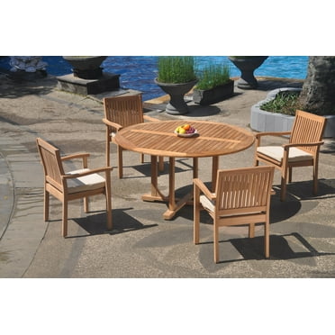 Grade-A Teak Dining Set: 4 Seater 5 Pc: 60" Round Table And 4 Leveb Stacking Arm Chairs Outdoor Patio WholesaleTeak #WMDSWVm
