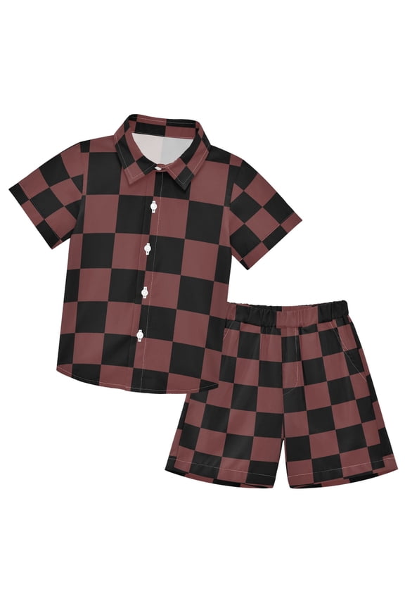 Black Brown Checked Pattern Boys' Hawaiian Shorts Sets Button Down Shirts 3T-10Y for Beach Vacation