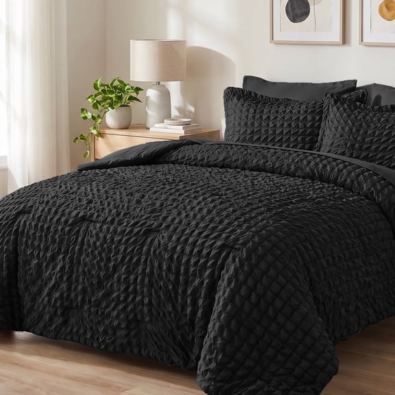 DHOLE Queen Comforter Set 7 Pieces – Seersucker Textured Waffle Weave Bed in a Bag, All-Season Lightweight Microfiber Bedding Sets with Sheets & Pillow Shams, Farmhouse Vintage Decor – Black
