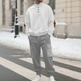 thumbnail image 2 of Wrtxtat Men's 2 Piece Outfits Waffle Knit Jacquard Sweatshirt Mock Neck Quarter Button Pullover Drawstrings Knit Sweatpants Trousers Suit Gray L, 2 of 5