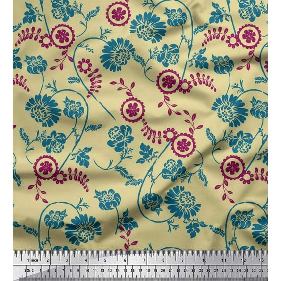 Soimoi Velvet Fabric Leaves & Floral Artistic Printed Craft Fabric by The Yard 58 Inch Wide
