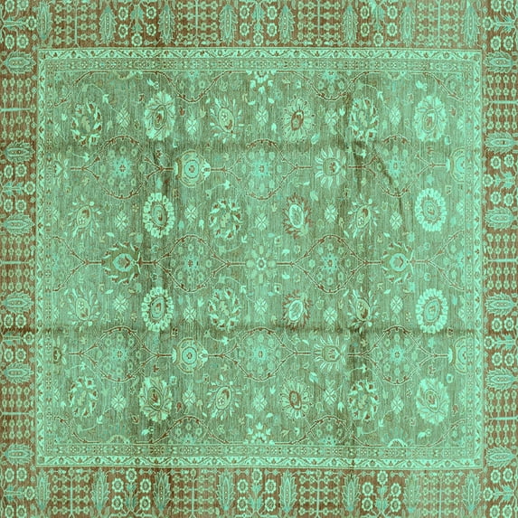 Ahgly Company Machine Washable Indoor Square Oriental Turquoise Blue Traditional Area Rugs, 8' Square