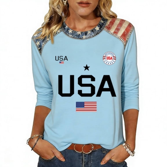 Hogleaql Usa Shirt for Women Usa Flag 1776 Patriotic T Shirts 3/4 Lenght Sleeve Summer Usa Graphic Shirts Blue 3XL