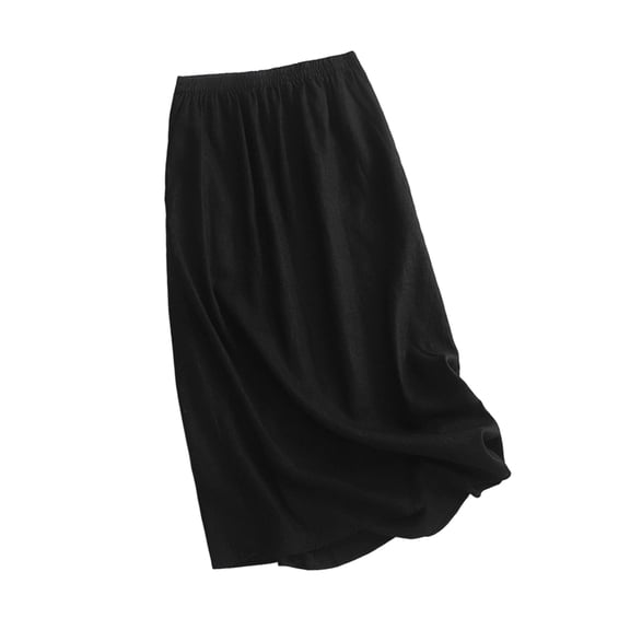 Women Minimalist Vintage Solid Soft Elastic Waist Pull-on Opaque Non-Sheer Flowy A-Line Midi Skirt Black XL