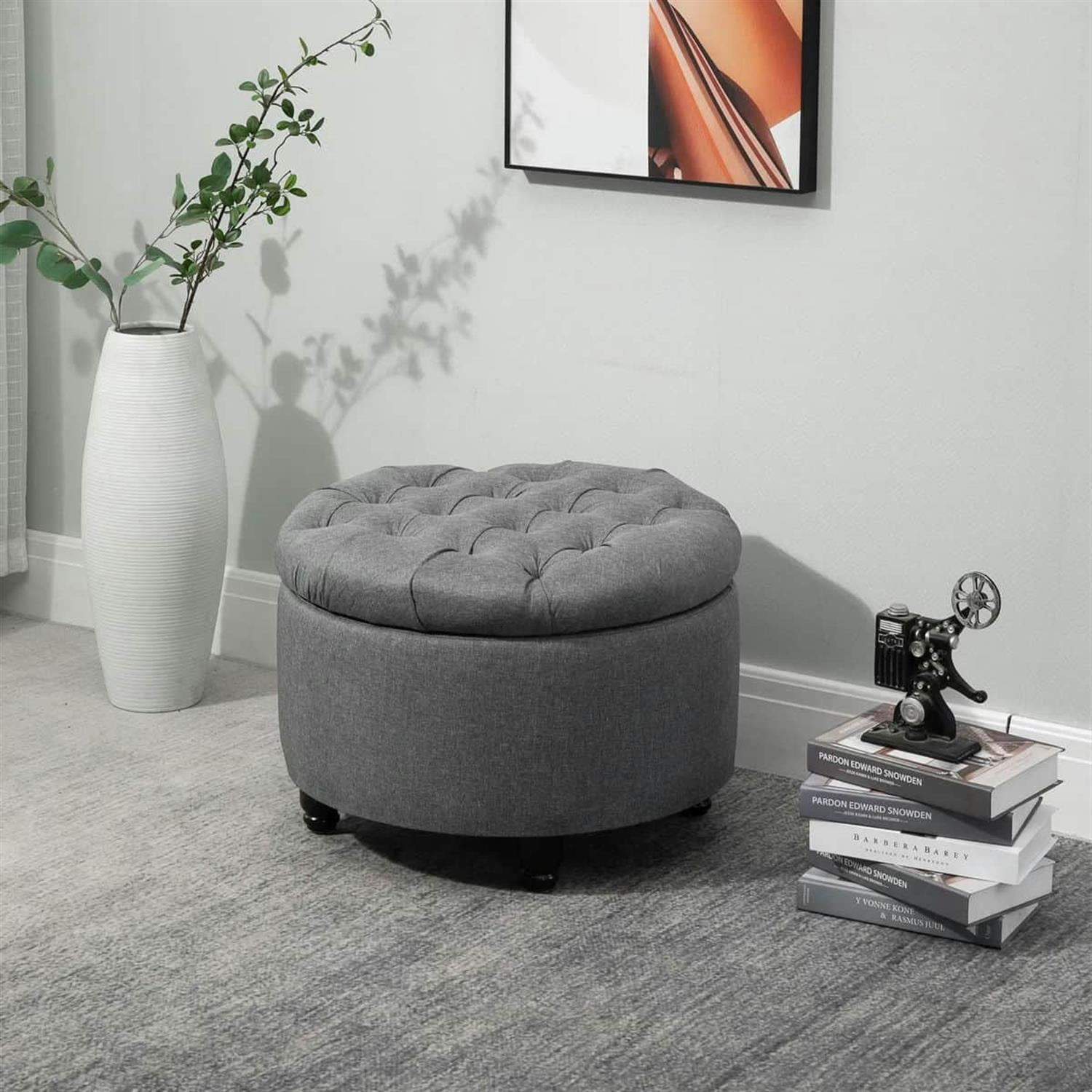 Demi Bonn 24" Round Ottoman Storage Footstool with Linen-touch Fabric, Removable Lid, Button Tufted Footrest for Living Room and Bedroom, Gray