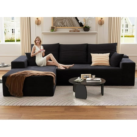 107.5" Modern Cloud Modular Sofa with L-Chaise, Black Corduroy Sectional, Deep Seat, No Assembly Required