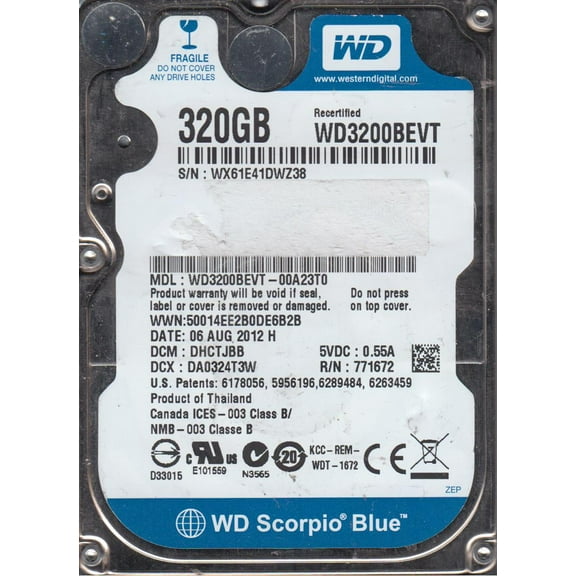 WD3200BEVT-00A23T0, DCM DHCTJBB, Western Digital 320GB SATA 2.5 Hard Drive