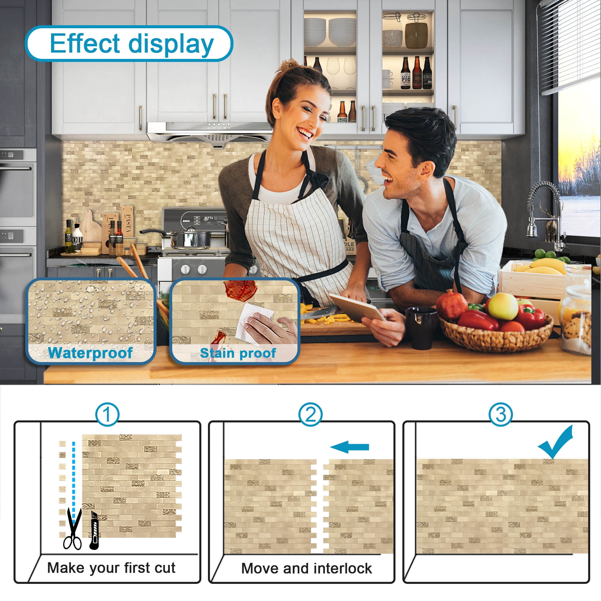 BeNice Peel and Stick Backsplash Kitchen Backsplash Tile Stickers Metal Champagne Gold