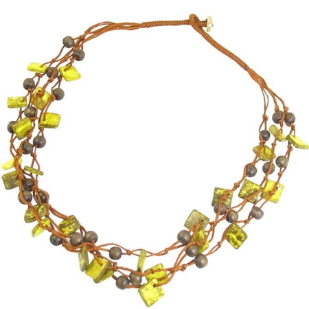 Fashion Jewelry Coco Beads - Unique Bargains Yellow Nylon Cord Braid 3 Layer Pendant Square Coco Beaded Necklace Chain