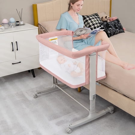 INFANS 3 in 1 Baby Bassinet Bedside Sleeper for Newborn  Folding Crib with Mattress Travel Bag Wheels 4-Sided Mesh Cradle Co Sleeper Stationary Rock