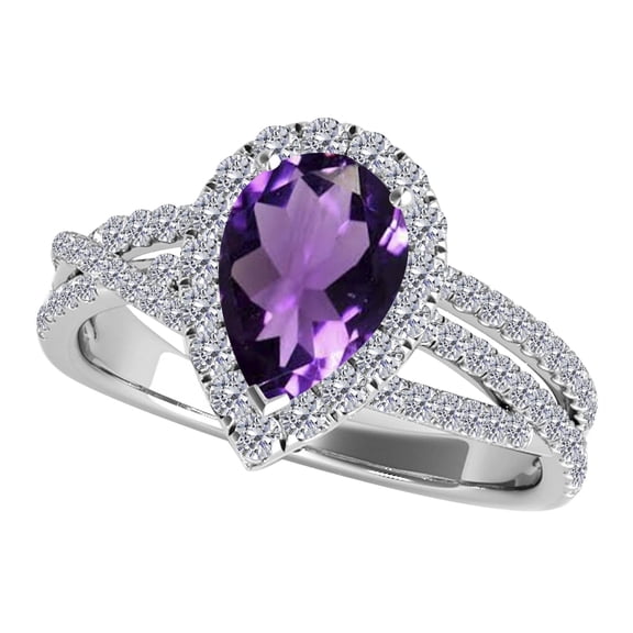 Mauli Jewels 2.34 Carat Amethyst and Diamond Ring for Women – Pear-Shaped Gemstone Ring in 10K White Gold, Shared-Prong Setting