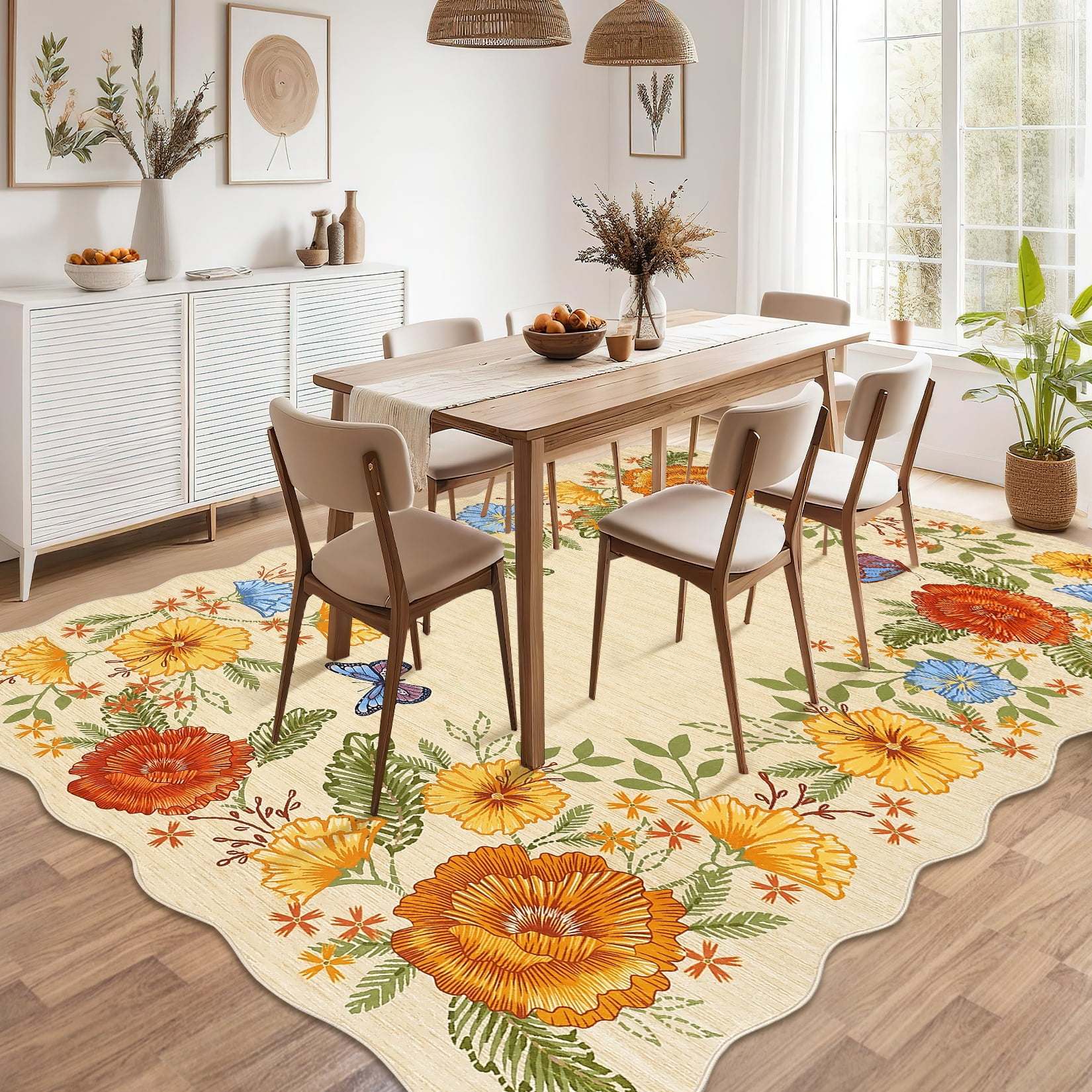 Garvee 9'x12' Floral Area Rugs, Washable Boho Rugs Ultra Soft Print Carpet, Non-Slip Low Pile Rug Stain Resistant Distressed Indoor Rugs for Living Room Bedroom Dining Room, Yellow