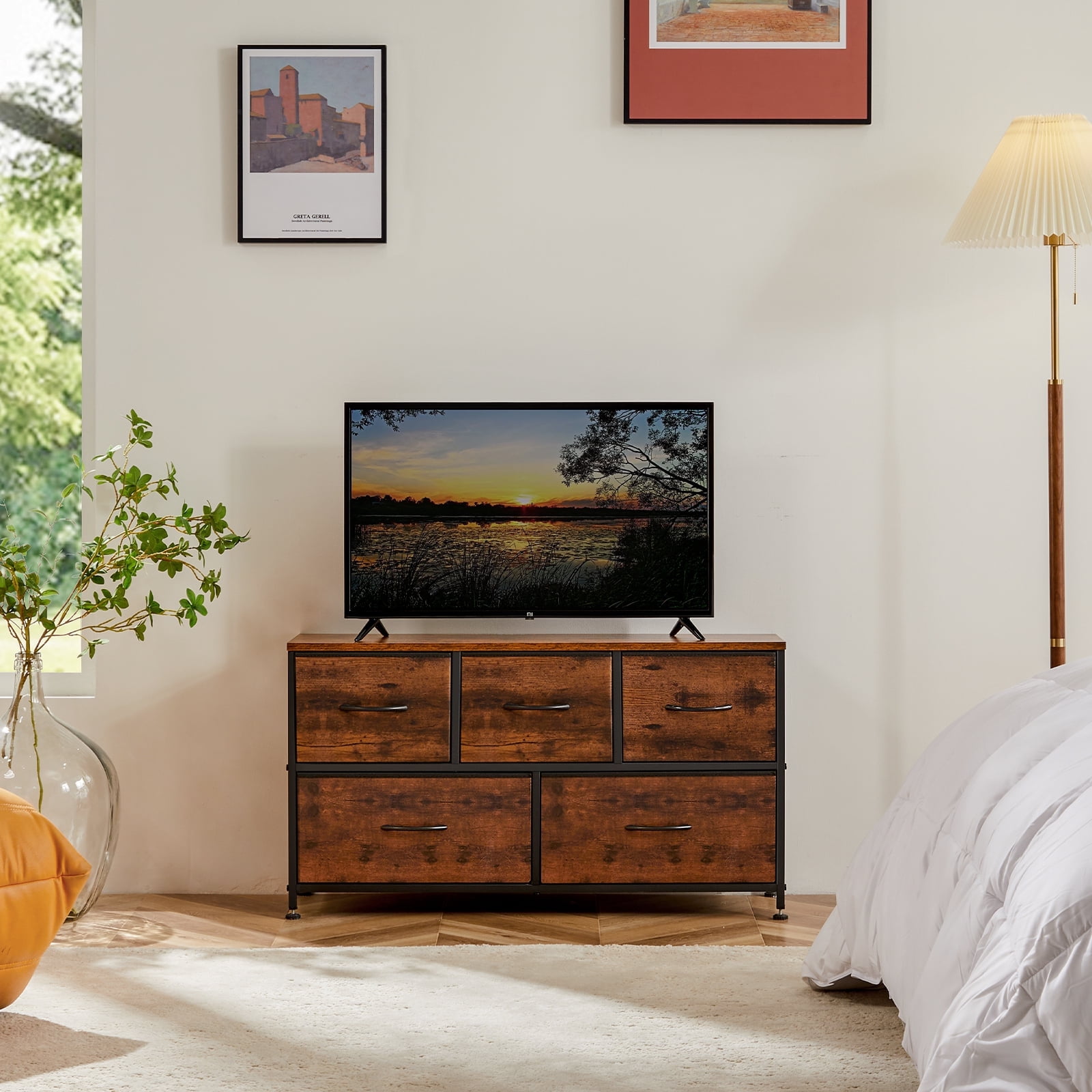 JIOABL Modern Dresser with Fabric 5-Drawer, Metal Frame, Ideal for Bedroom Storage, Rustic Brown