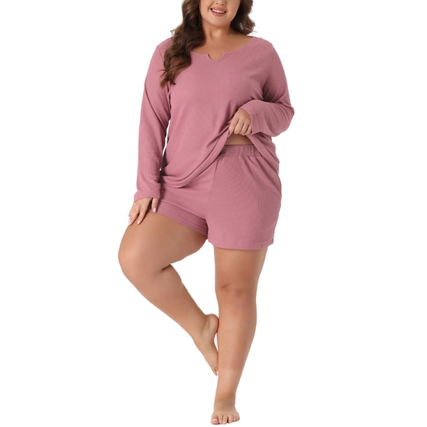 Conjunto de pijama de dos piezas de waffle de talla grande para mujeres, con blusas de manga larga y pantalones cortos, color rosa oscuro 1X
