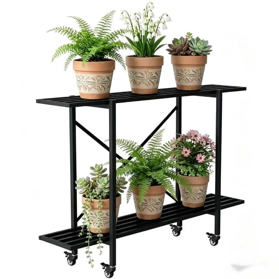 Zhongma 2 Tier Metal Sturdy Heavy Plant Stand, Narrow Plant Stand Indoor and Outdoor, L45.67 x W10.3 x H27.5 inch, 440 LBS Capacity & Heavy Duty Construction