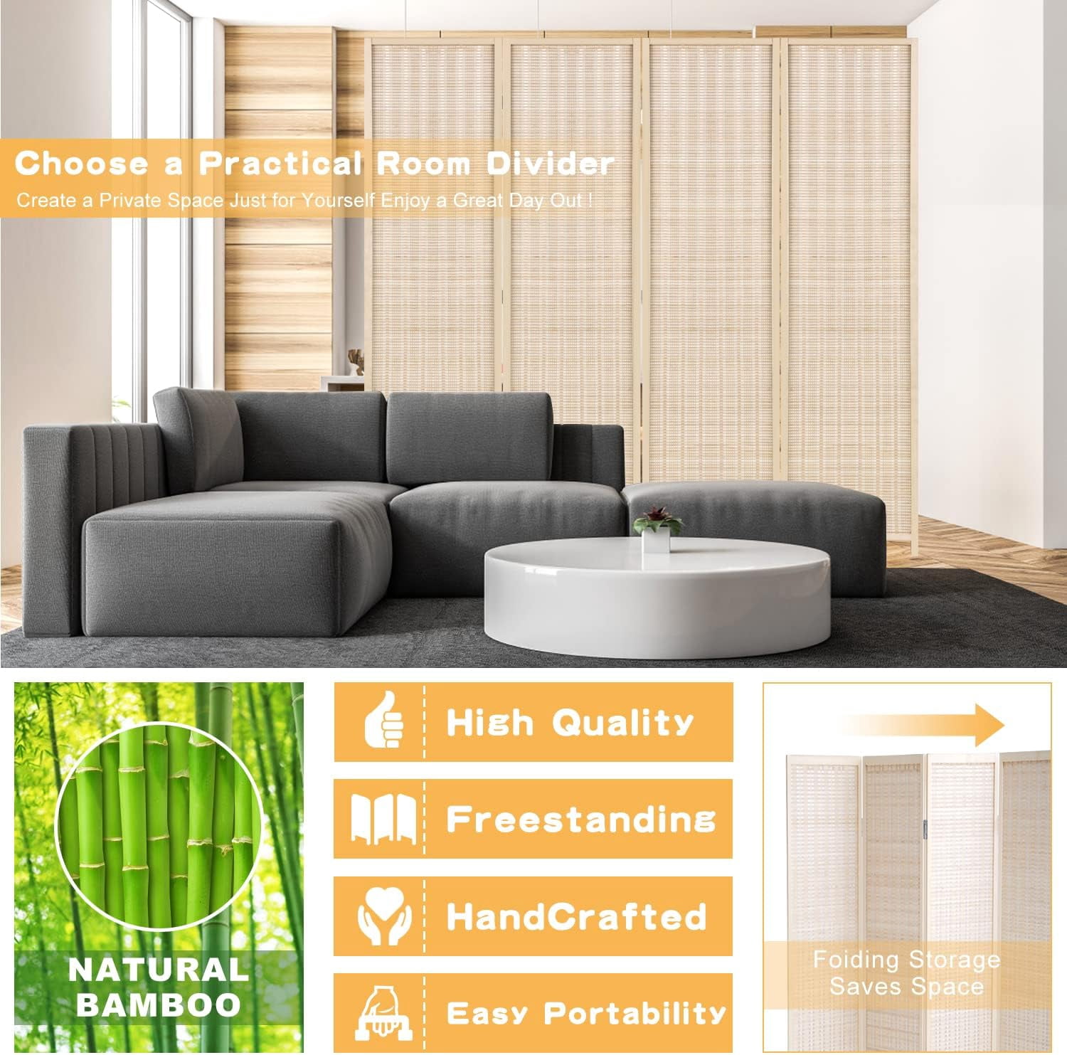 XF XINFENG Bamboo Room Dividers 4 Panel 72" Tall Folding Privacy Screen Partition Wall Divider for Living Room, No Assembly Needed, Natural