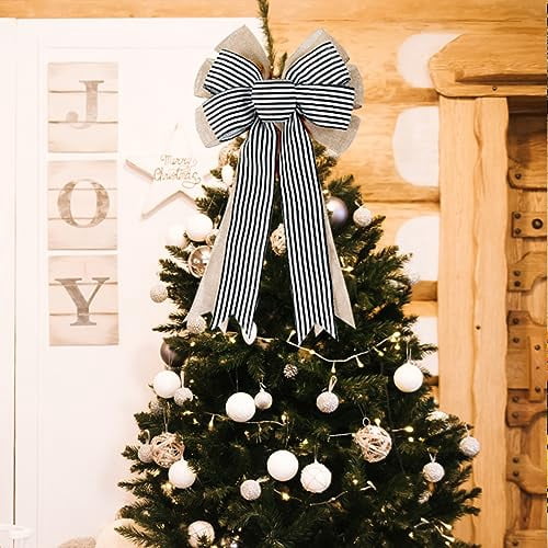 2 Pack Rustic Burlap Bows with Black and White Stripes for Wreaths, Farmhouse Decor, Holiday Crafts, Wedding Party, Tree Topper, and Home Front Door Decorations