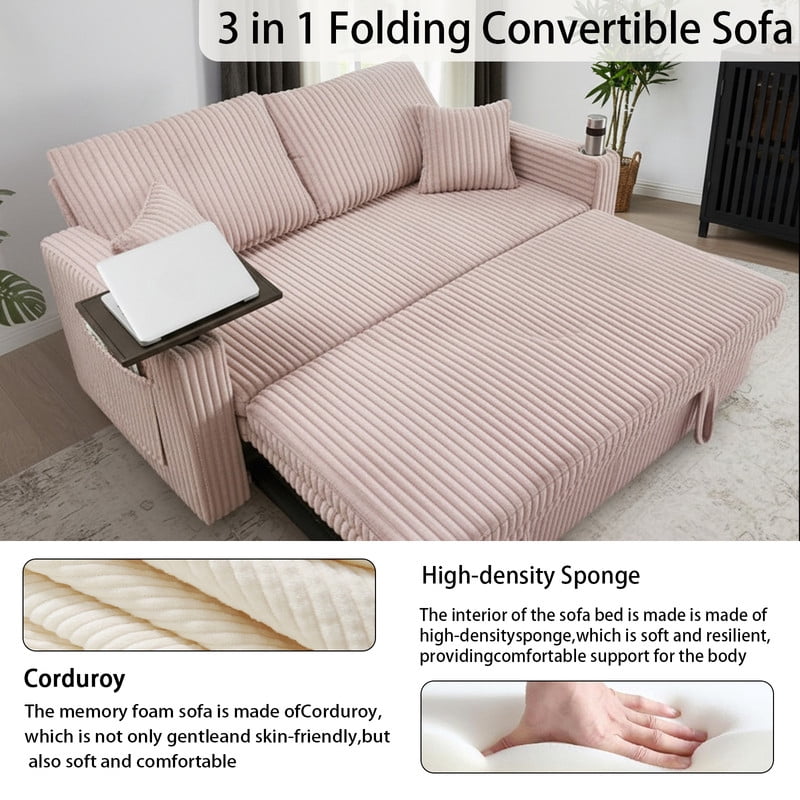 EPOWP 65'' Convertible Corduroy Sofa Bed with USB Charging Port & Swivel Side Table,3-in-1 Pull Out Couch with Adjustable Backrest,Futon Couches for Living Room,Bedroom, Guest Room,Easy Assembly