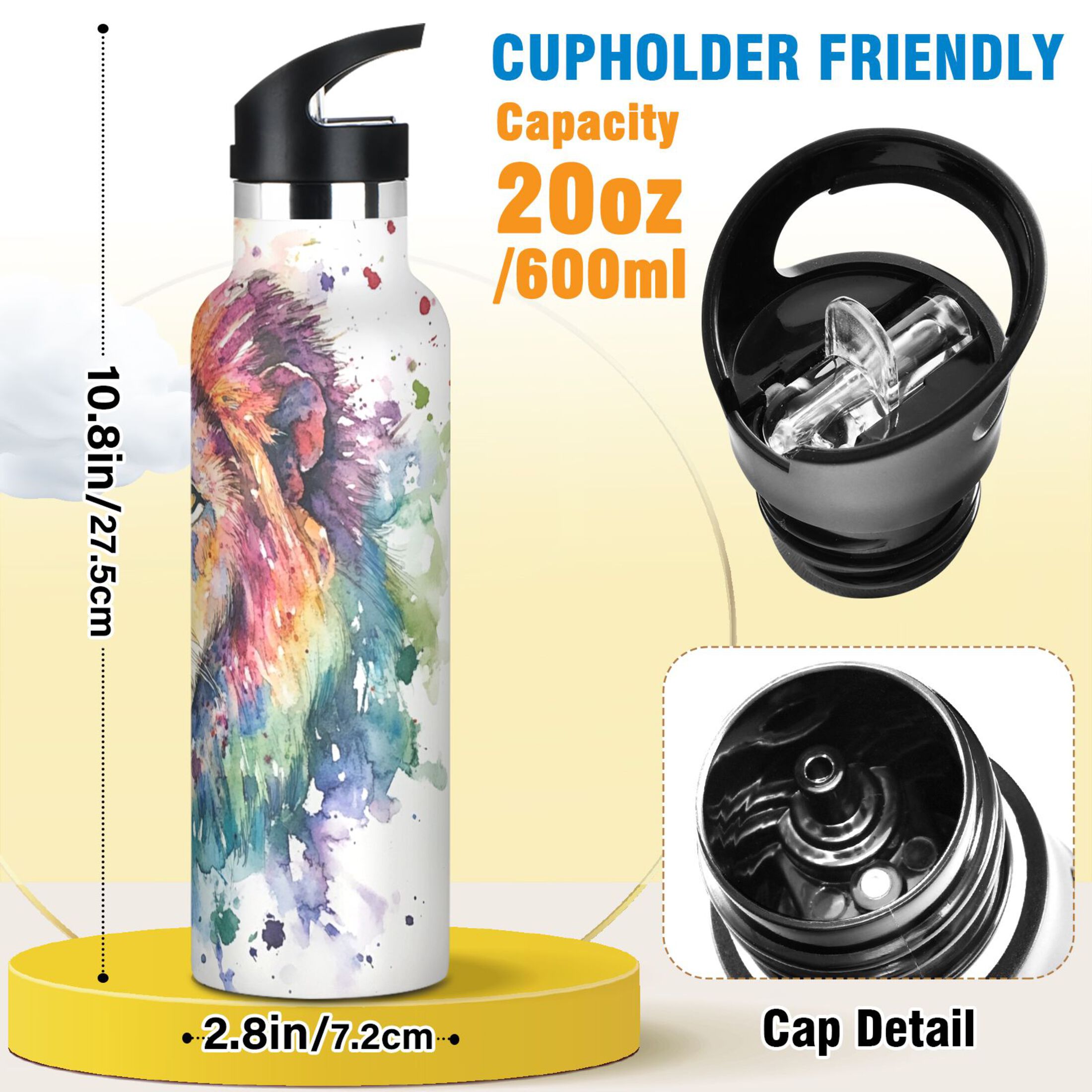 600ML Stainless Steel Insulated Cup Sports Water Bottle Portable Thermos Cup Water Glasses Insulated Tumblers Convenient and Durable Watercolor Beautiful Lion