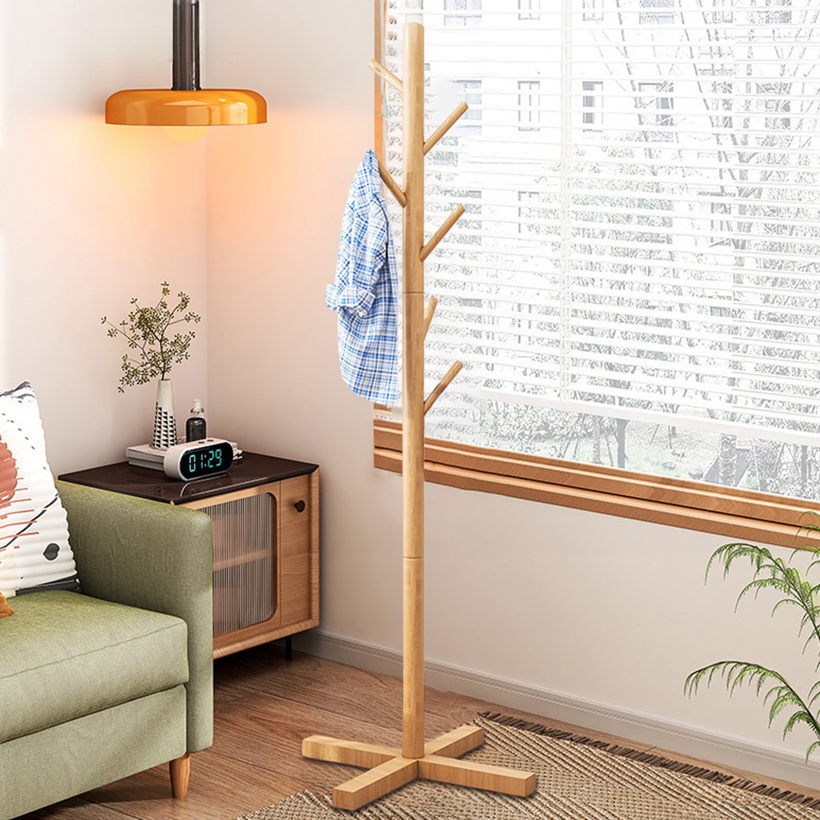Tyidzon Coat Rack Freestanding 53 Inch Tall Coat Rack Stand with 6 Hooks for Hats, Bags, Purses, for Entryway, Hallway, Rubberwood, Beige