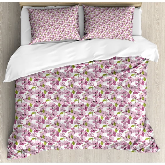 Pink Floral Duvet Cover Set King Size, Cartoonish Drawing Spring Apple Blossom Pattern, Decorative 3 Piece Bedding Set with 2 Pillow Shams, Pale Fuchsia Baby Pink Pale Olive Green, by Ambesonne