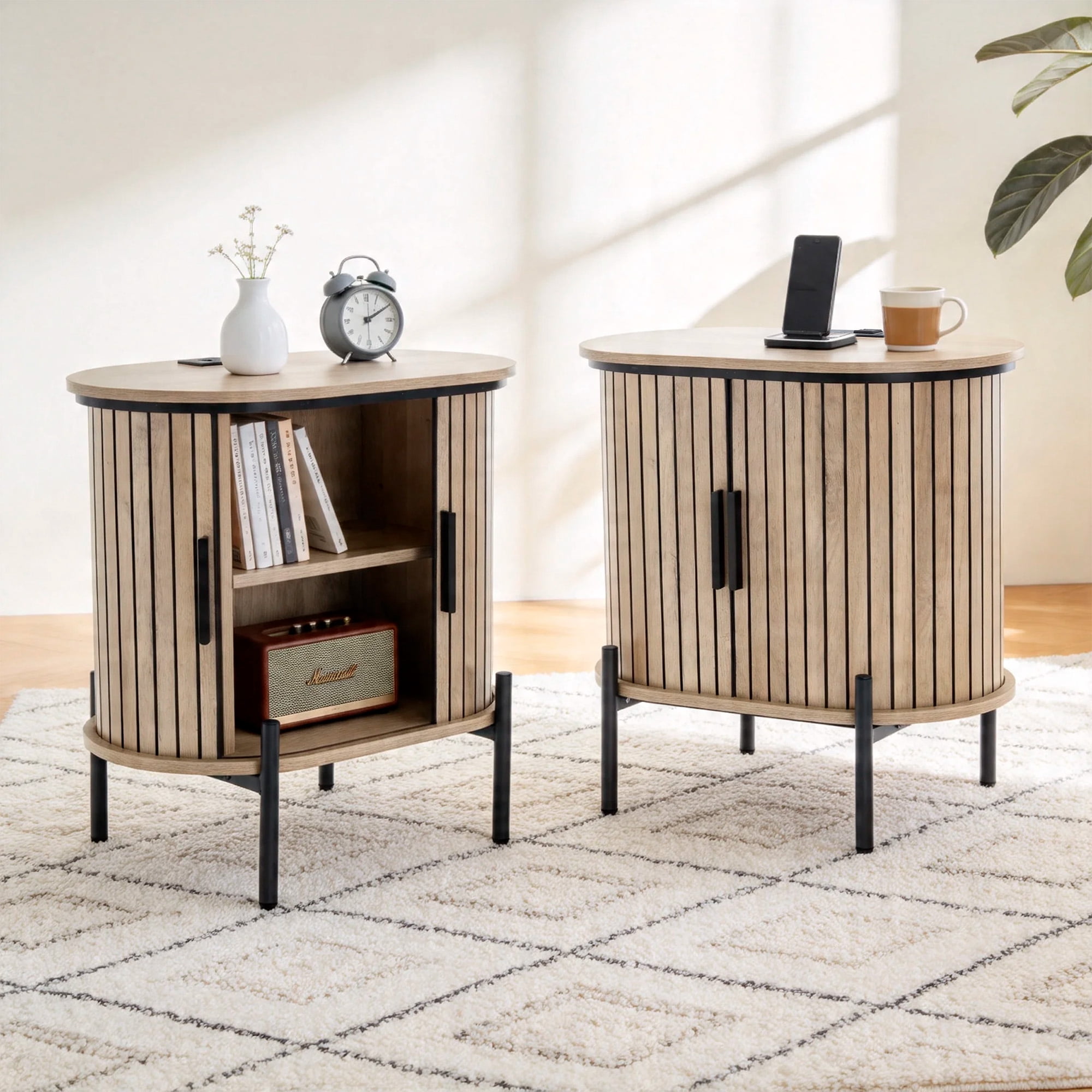 Ebello Nightstand with Built-in Charging Station, Modern Oval End Table with Storage, Sliding Door & Raised Base for Bedroom and Entryway, Camel