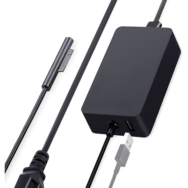 Surface Pro Charger 65W Adaptateur d'Alimentation pour Microsoft, un Adaptateur Rectangulaire Noir avec Connecteur Magnétique et port USB. Compatible avec les Modèles Microsoft Surface Tels Que Surface Book, Surface Pro 8 et Surface Ordinateur Portable Studio. Tablette Idéale Charger avec Charge Rapide et Caractéristiques de Sécurité Incluant protection contre la Surchauffe et les Courts-Circuits.
