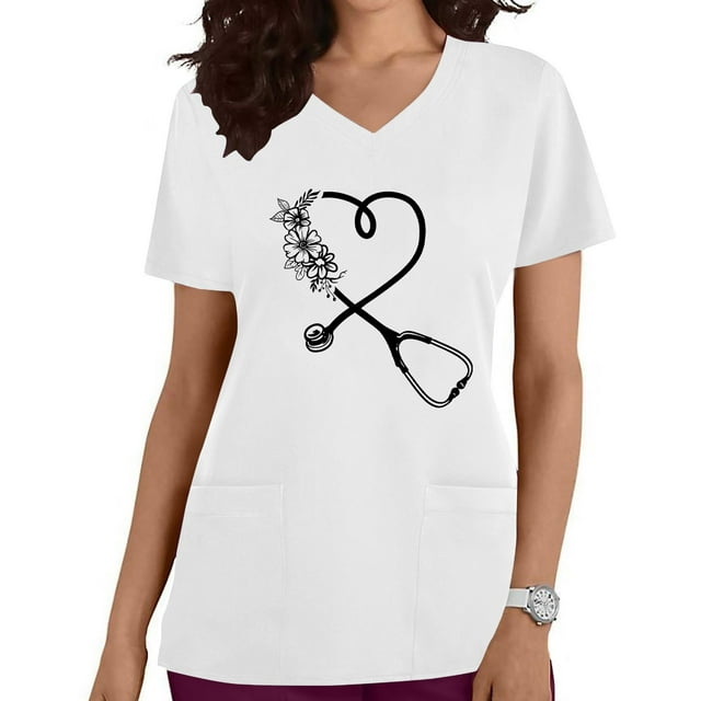LSLJS Women's Fashion Short Sleeve V-Neck Tops Working Uniform Printing Pocket Blouse Tops, Womens Plus Scrubs