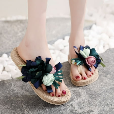 

HIBRO Women Weave Beach Breathable Sandals Home Slipper Flowers Flip-Flops Flat Shoes