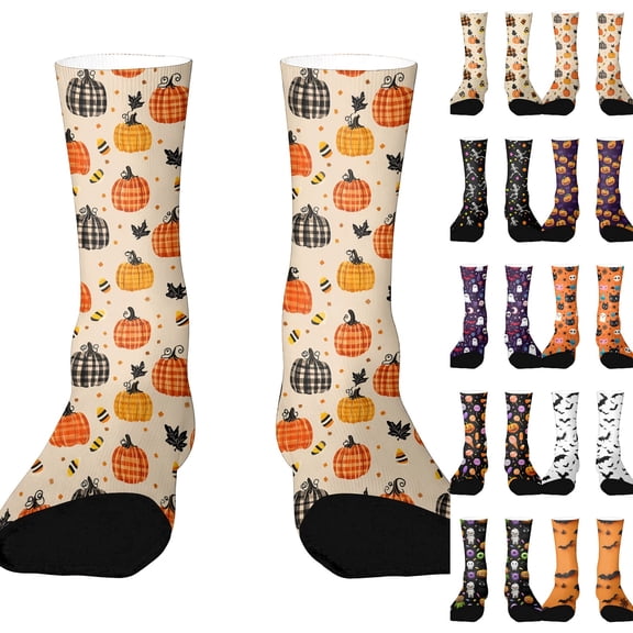 Halloween Lantern Pumpkin Print Socks, All Over Pumpkin Print Mid Calf Socks, Classic Novelty Socks for Halloween Celebration and Daily Outfit Orange