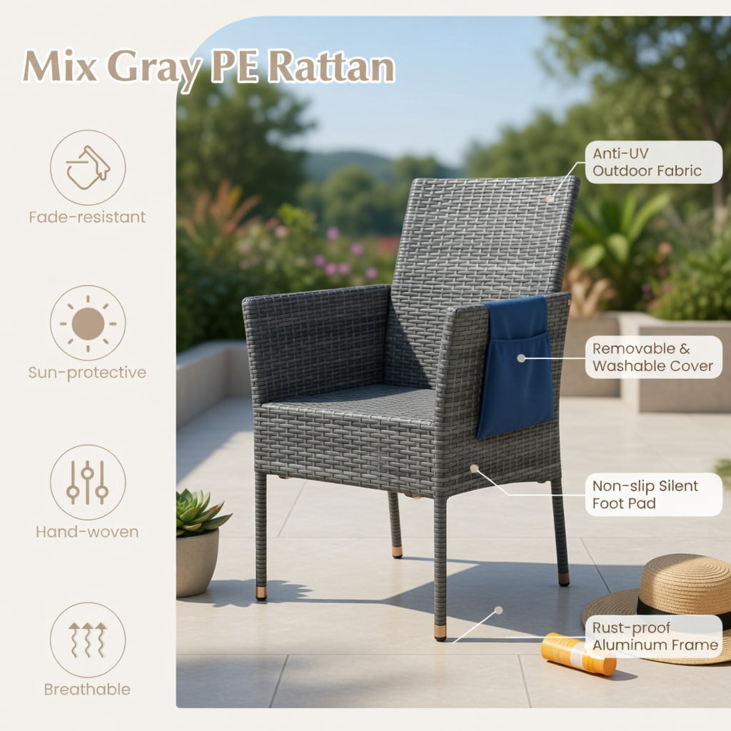 Hommoo 3-Piece Outdoor Patio Furniture Set, PE Rattan Chairs with Removable Cushions & Tempered Glass Coffee Table for Porch, Backyard, Garden, Navy