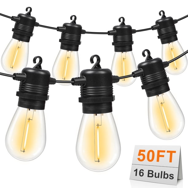 GvvooHome Cadena de luces LED para exteriores de 50 pies con 16 bombillas reemplazables S14 impermeables e inastillables (1 repuesto) 2700 K luces de patio de grado comercial luces colgantes exteriore