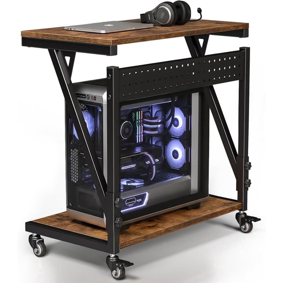 Computer Tower Cart, Height Adjustable PC Tower Stand, Mobile Rolling PC Cart, 2-Tier ATX-Case CPU Holder, PC Stand with Wheels, 23.23"-31.10" H, Rustic Pro
