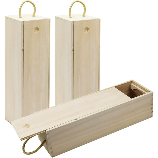 Wooden Wine Box,3 Pack Single Gift Box with Handle for Holiday, Birthday Party,13.87 x 3.87 x 4 Inches