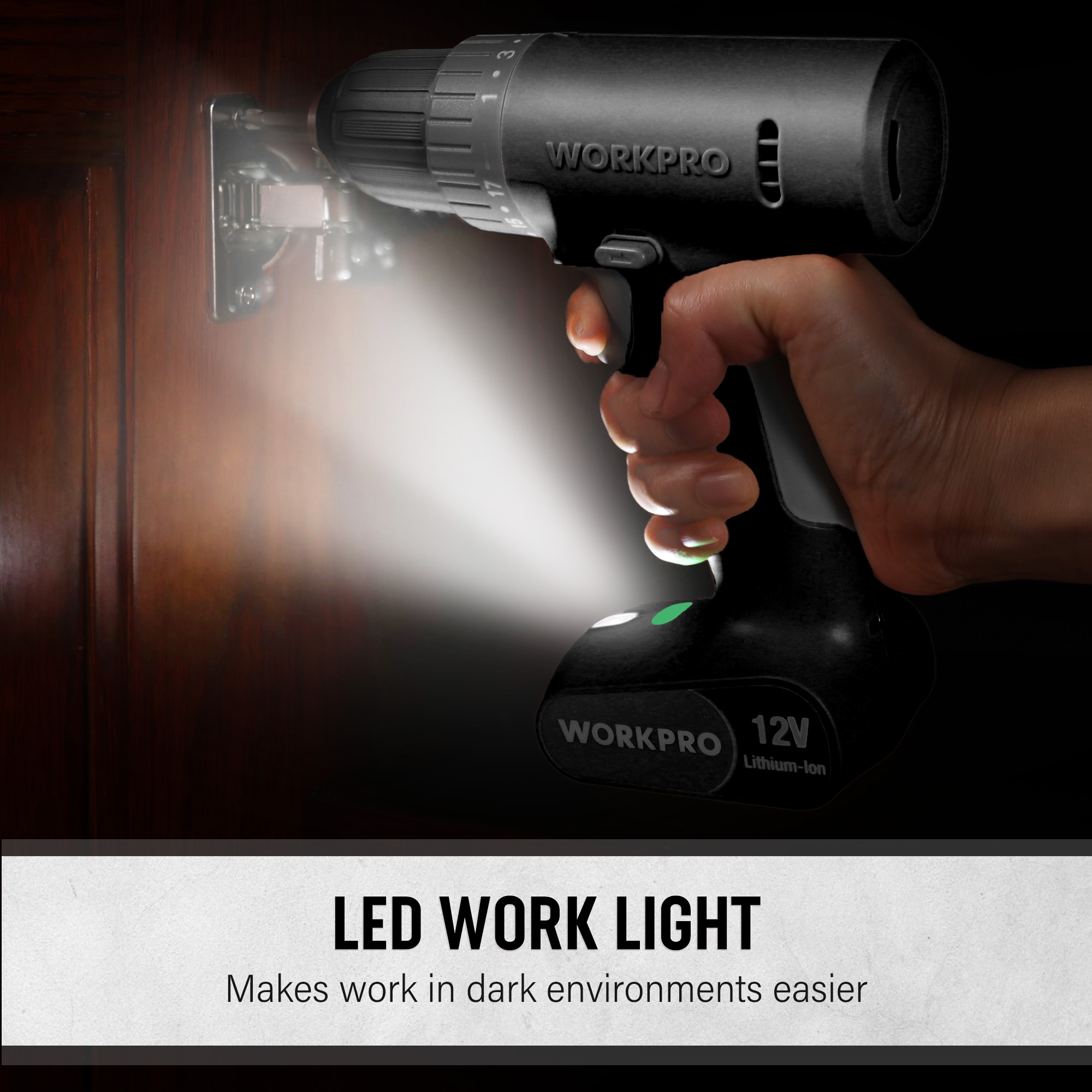 WORKPRO 12V Cordless Drill Set with Bits, 3/8" Keyless Chuck, 2-Speed, USB Type-C Charging Cable, Built-in LED Light, Compact for Home & DIY
