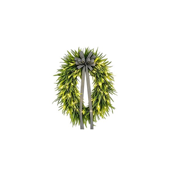 2026 Christmas Home Party Decoration Lit Artificial Fern Wreath With Striped Bow Front Door Wall Decor Christmas Celebration Party Supplies
