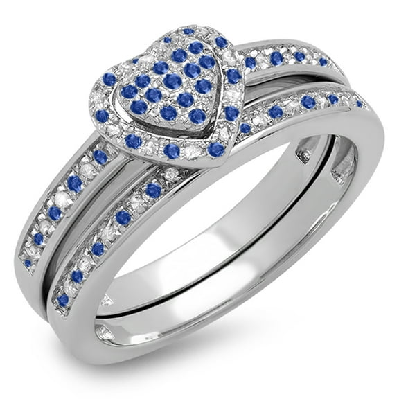Dazzlingrock Collection 14K Round Blue Sapphire & White Diamond Heart Bridal Engagement Ring Set, White Gold, Size 7