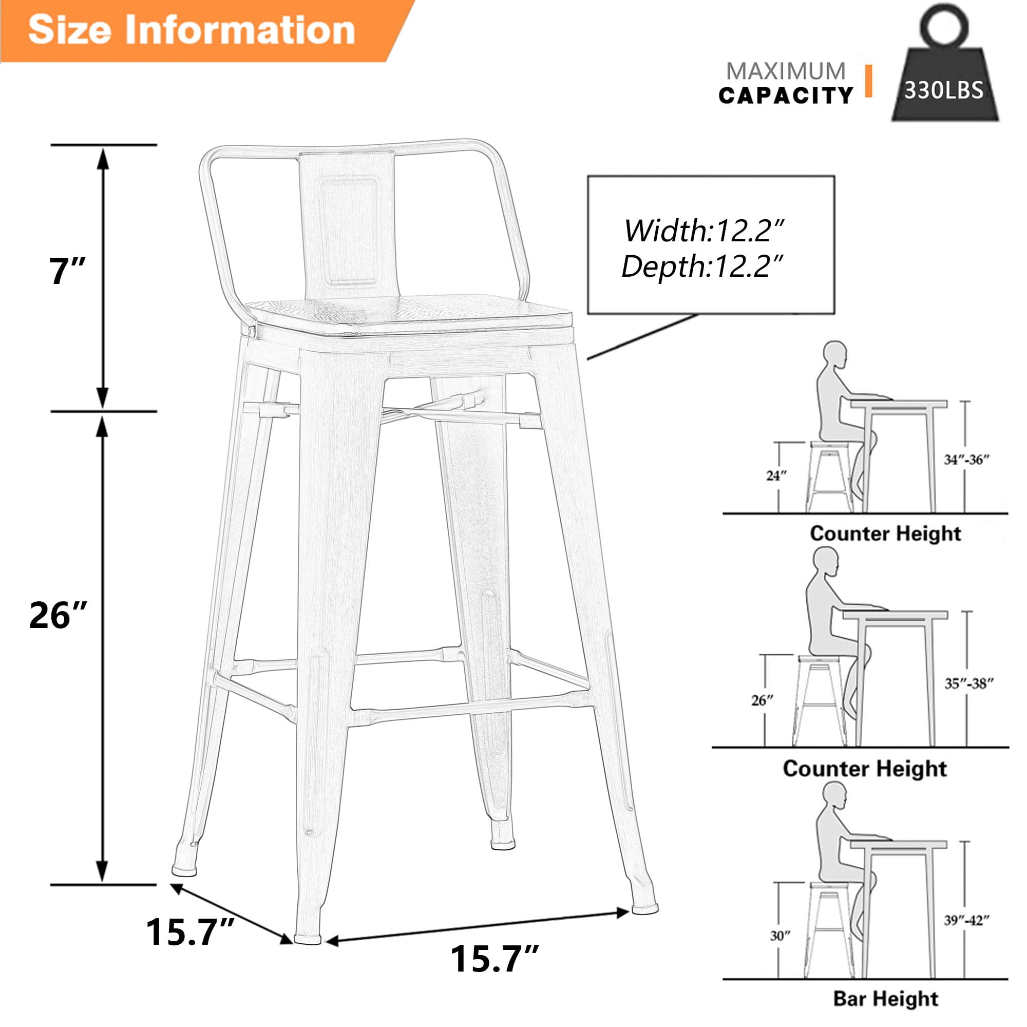 Bar Stools Set of 4 Bar Height Metal Barstools with Wood Seat Low Back Kitchen Bar Chairs