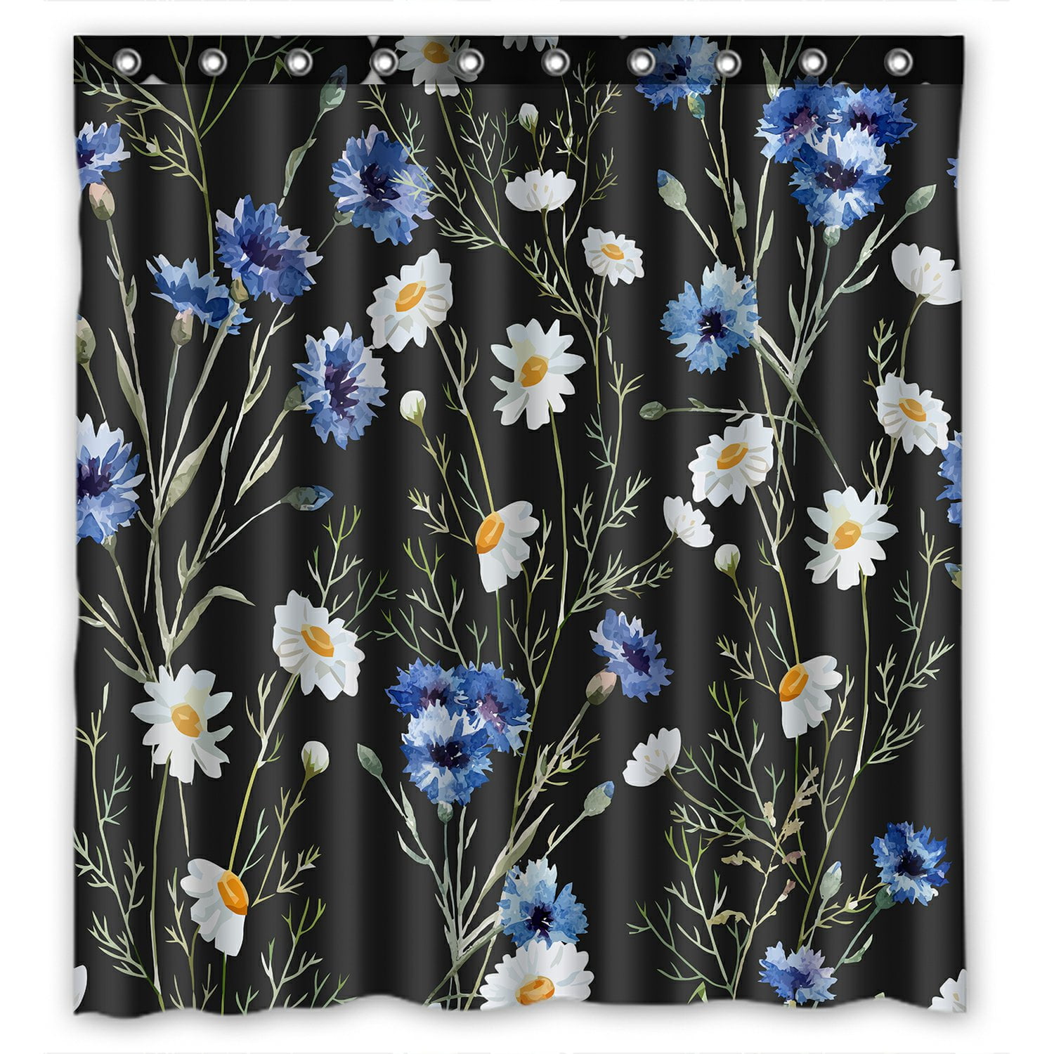 PHFZK Watercolor Shower Curtain, Cornflower Daisy Floral Print